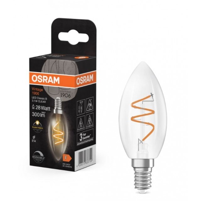 <ul>
<li>Марка: OSRAM</li>
<li>Модел: DECOR Vintage 1906 Classic</li>
<li>Мощност: 3.1 W</li>
<li>Цокъл:E14</li>
<li>Сила на светене:130 LM</li>
<li>Цветна температура: 2200 К&l