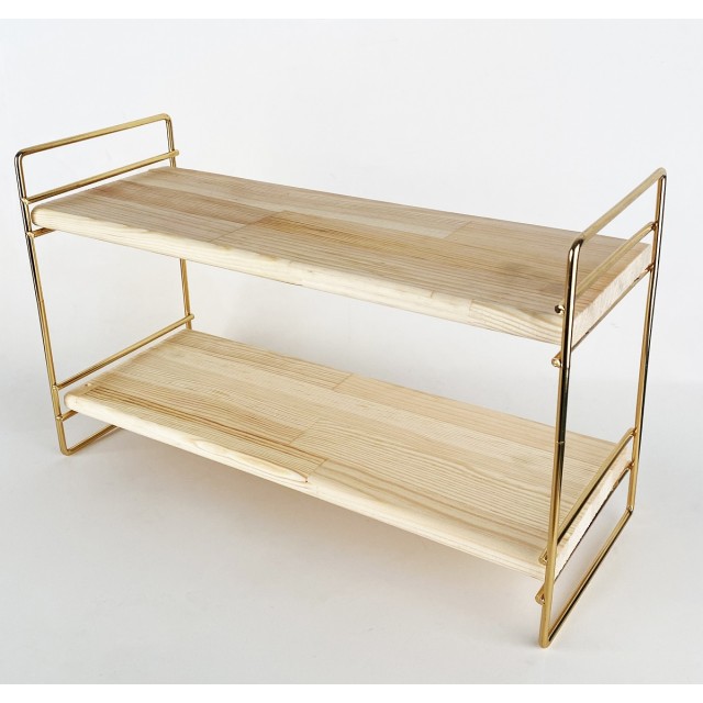 Стойка на две нива Metalife с дървени рафтове, златна