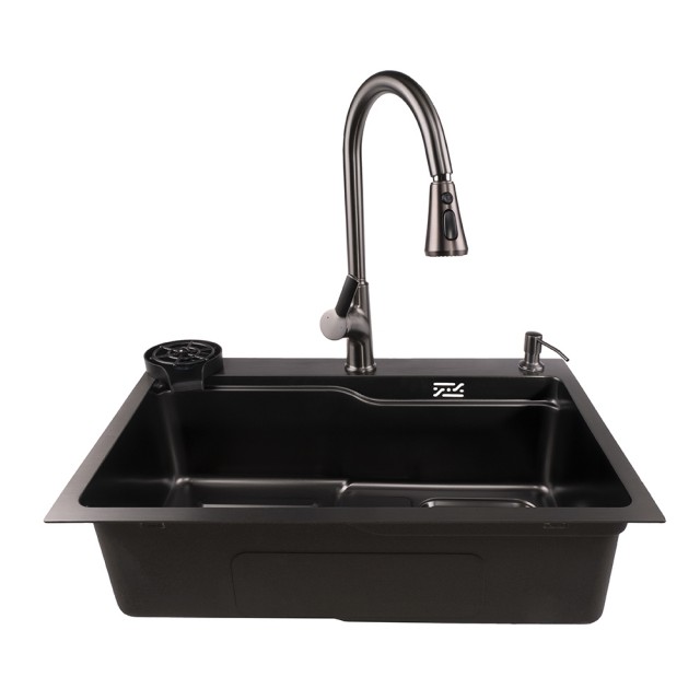 Мултифункционална кухненска мивка Cascada 6845 със сатенено покритие PVD черно и нано