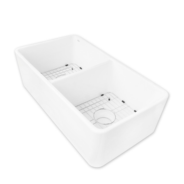 Керамична кухненска мивка Cascada с две корита, Бял гланц