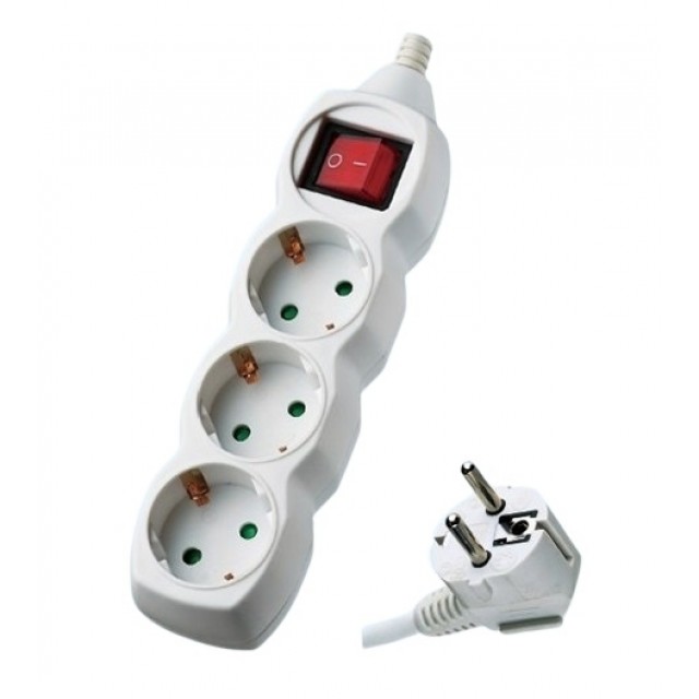 Разклонител с 3 гнезда 1,5м. кабел 1,5mm2 и ключ, 16A, 3680W max, бял