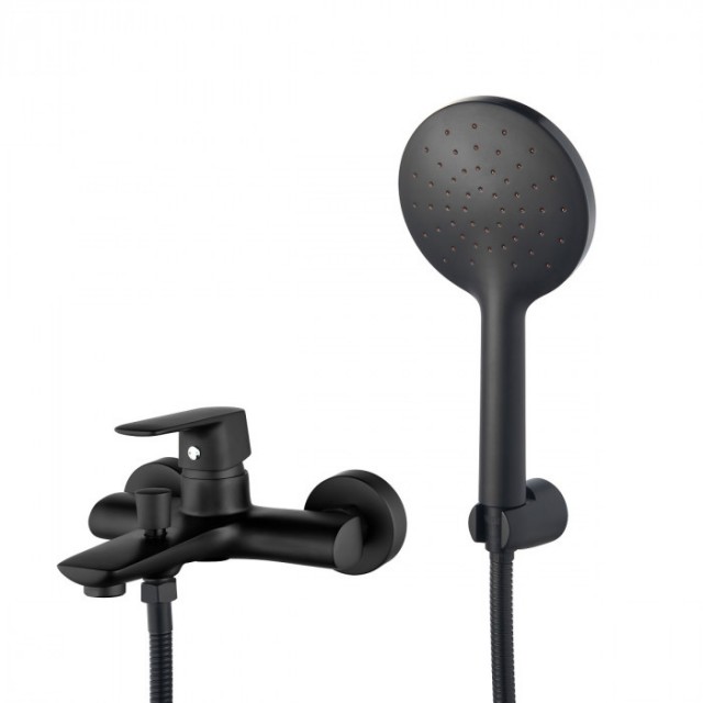 Смесител за вана и душ, едноръкоохватков, месинг, стенен, черен, ЛАЙФ БЛЕК